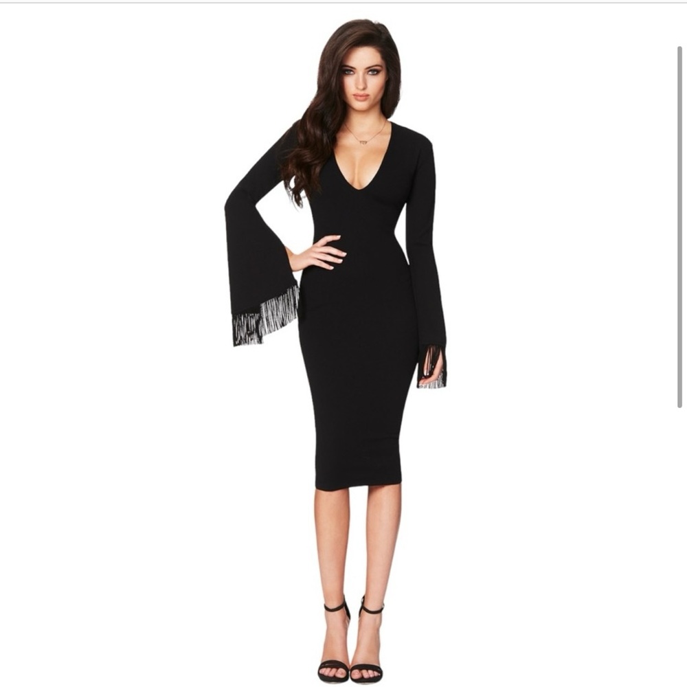NOOKIE Iris V-neck Plunge Bell Sleeve Fringe Midi Dress